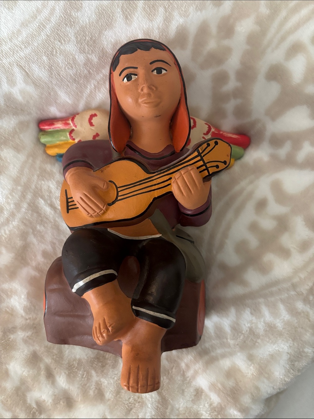 Angel boy Peruvian clay Hand-Painted Ceramic Musician Figurine - Multicolor